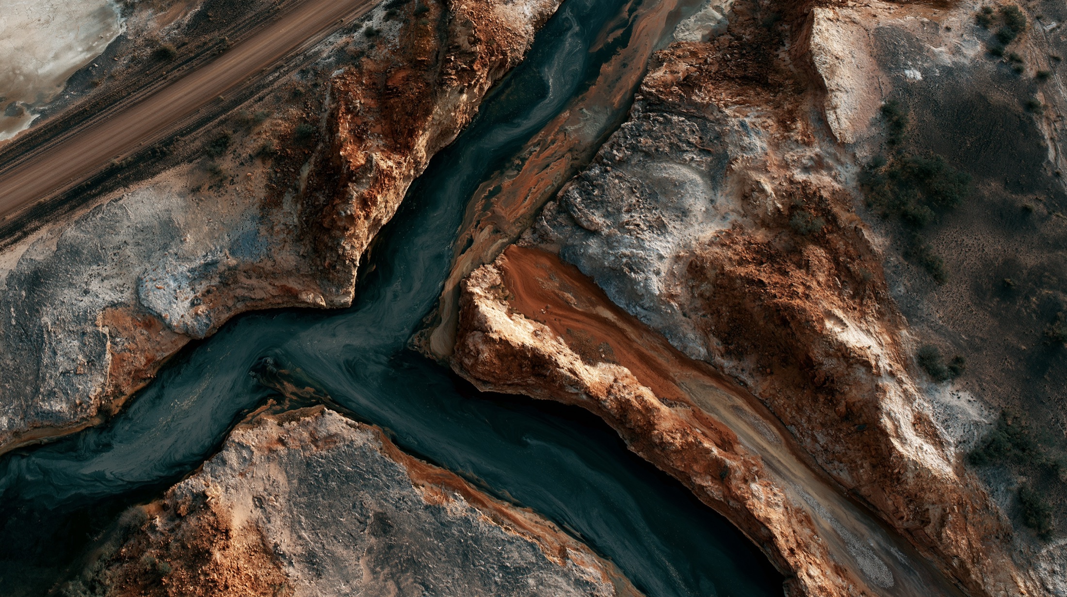 Mineral terrain and waterways viewed from above